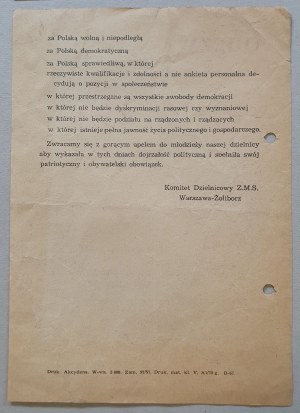 Z.M.S. Proklamation - [Wahlen zum Sejm im Bezirk Żoliborz, Front Jedności Narodu 1957].