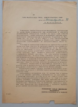 PZU - výzva k registraci budovy a zaplacení požárního pojištění, 1940. [Bernardinská ulice].