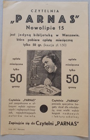 [Advertisement] Parnas Reading Room, Nowolipie 15 (Izaak Kuczer) [pre-WWII].