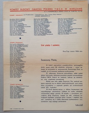 /YMCA/ Výbor pre výstavbu budovy YMCA vo Varšave. Piaty list, 1934