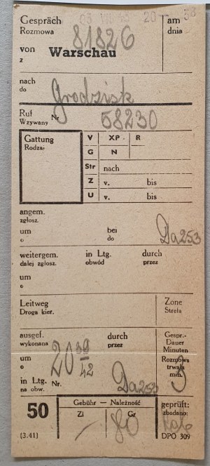 Intercity call order Warsaw-Grodzisk, 3.VII.1943