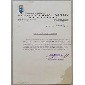 P.P. Pracownie Konserwacji Zabytków, Oddział w Warszawie [upoważnienie z 21.12.1981]