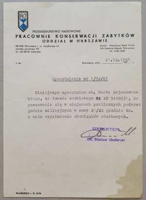 P.P. Pracownie Konserwacji Zabytków, Warsaw Branch [authorization dated 21.12.1981].