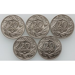 II RP, zestaw monet 20 groszy 1923, (5 sztuk)