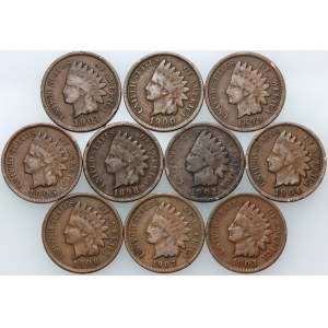 United States of America, set of 1 Cent coins from 1898-1907, (10 pieces)
