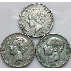 Spain, set of coins 5 Pesetas from 1871-1892, (3 pieces)