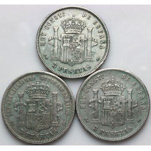 Spain, set of coins 5 Pesetas from 1871-1892, (3 pieces)