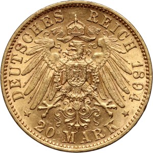 Germany, Saxony, Albert, 20 Mark 1894 E, Dresden