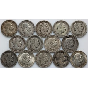Austria, Franz Joseph I, set of silver coins 1 Corona from 1893-1915, (14 pieces)