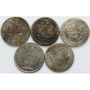 Austria, Maria Theresa, set of 20 Kreuzers coins from 1755-1765, (5 pieces)