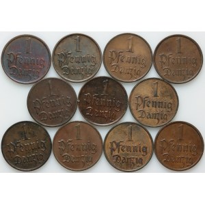 Wolne Miasto Gdańsk, zestaw monet 1 fenig z lat 1923-1937, (11 sztuk)