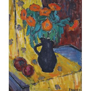 Franciszek Hayder (1905–1990), Kwiaty w wazonie na żółtej draperii*