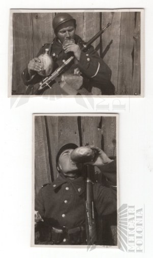 II RP - Súbor dvoch fotografií - kadet W.P. počas jedla - Mannier, Carbine, prilba 