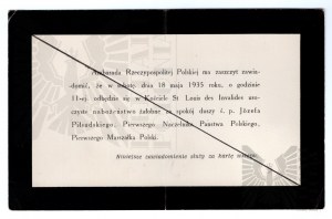 II Republic Notice of Funeral Service of the late Jozef Pilsudski - Embassy France - May 18, 1935