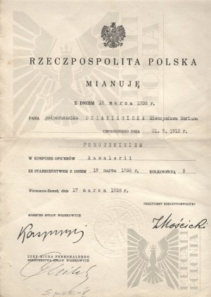 II RP Diploma of Promotion of Second Lieutenant Dziekiewicz to Lieutenant in the Cavalry Officers' Corps 1938.5th Horse Rifle Regiment