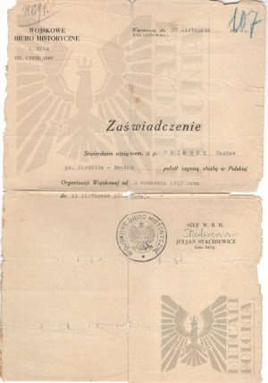 II RP Zaświadczenie “Wojskowe Biuro Historyczne” 1933 -Wrzosek Wacław ps. Jaskółka -Bocian