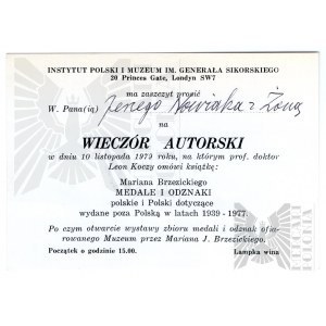 PSZnZ Zaproszenie na Wieczór Autorski Książki Mariana Brzezickiego ( Medale i Odznaki ) Instytut Polski i Muzeum im. Generała Sikorskiego