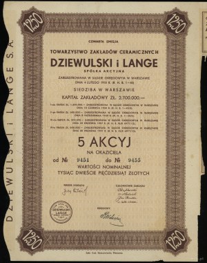 Poland, 5 shares at 250 zlotys = 1,250 zlotys, 1937, Warsaw