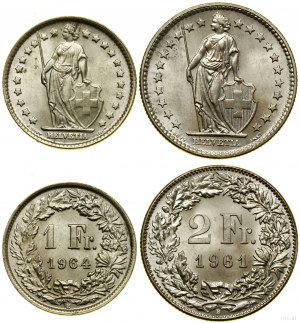 Switzerland, set of 2 coins: 1 franc (1964 B), 2 francs (1961 B), Bern