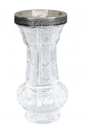 Dawid Siemiatycze Stříbrná huť, Varšava, meziválečné období, váza z křišťálového skla se stříbrnou hubičkou, cca 1930