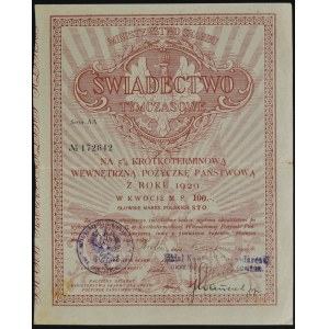 5% Krótkoterminowa Pożyczka Państwowa, świadectwo tymczasowe 1920, 100 mkp