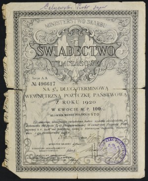 5% Long-term State Loan, temporary certificate 1920, 100 mkp