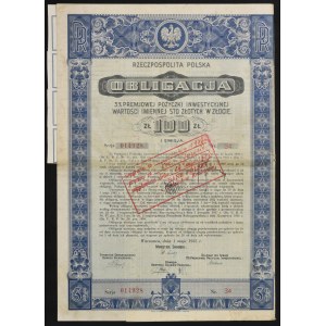 3% Premiowa Pożyczka Inwestycyjna 1935, obligacje 100 zł, emisja I - wygrana premia 500 zł