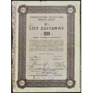 TKM Łódź, 5% list zastawny, 3.000 zł 1938
