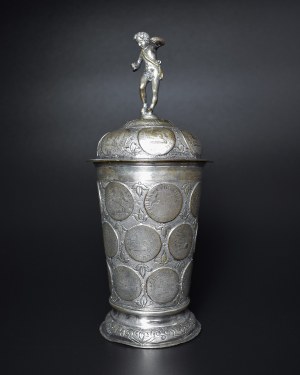 Silver goblet with lid inlaid with coins