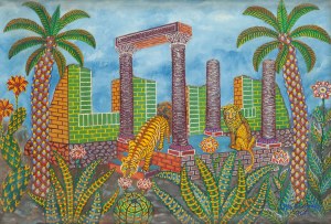 Jan Płaskociński (1919 - 1993), Tygrys i lew w krajobrazie fantastycznym, 1967