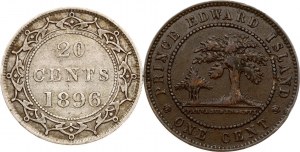 Kanada Ostrov prince Edwarda Cent 1871 & Newfoundland 20 centů 1896 Sada 2 mincí