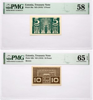 Estonie 5 & 10 Penni ND (1919) PMG 58 Choice About Unc 65 Gem Uncirculated EPQ Lot de 2 pièces