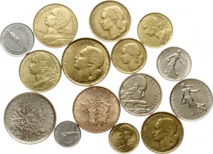 France 1 Centime - 100 Francs 1950-1974 Lot de 15 pièces