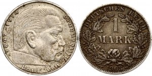 Německo 1 marka 1903 A & 2 říšské marky 1939 Sada 2 mincí
