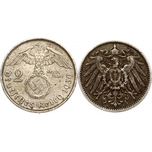 Germany 1 Mark 1903 A & 2 Reichsmark 1939 A Lot of 2 coins