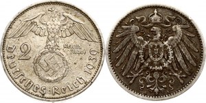 Germany 1 Mark 1903 A & 2 Reichsmark 1939 A Lot of 2 coins