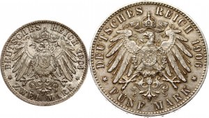 Nemecko Brémy 2 marky 1904 J & 5 mariek 1906 J Sada 2 mincí