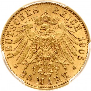 Německo Sasko 20 marek 1905 E PCGS MS 62