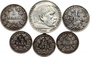 Germany 1/2 Mark - 5 Reichsmark 1905-1935 Lot of 6 coins