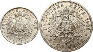 Allemagne Saxe-Weimar-Eisenach 2 & 5 Mark 1908 A Jena University Set Lot de 2 pièces