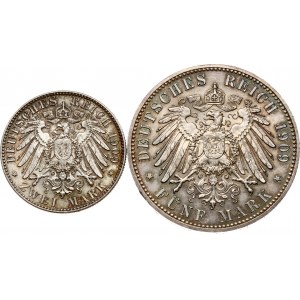 Germany Saxony 2 & 5 Mark 1909 E Leipzig University Set Lot of 2 coins