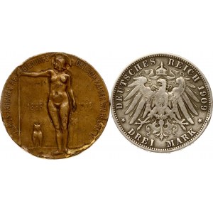 Germany Prussia 3 Mark 1909 & Medal 1888-1913 Lot of 2 pcs