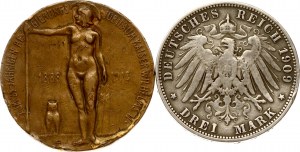 Nemecko Prusko 3 marky 1909 a medaila 1888-1913, 2 ks