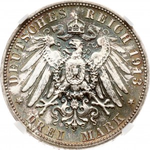 Německo Sasko 3 marky 1913 E Bitva u Lipska NGC MS 65+
