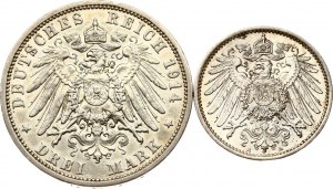 Německo Prusko 3 marky 1914 A & 1 marka 1915 A Sada 2 mincí