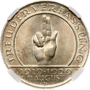 Německo Výmarská republika 3 říšské marky 1929 D Výmarská ústava NGC MS 62