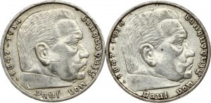 5 Reichsmark 1937 A & 1938 A Hindenburg Lot of 2 Coins
