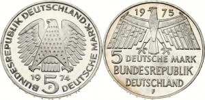 République fédérale 5 Mark 1974 F & 1975 F Lot de 2 pièces