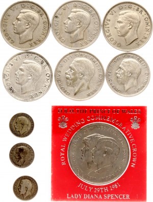 Großbritannien 3 Pence - 1/2 Crown & 25 New Pence 1919-1981 Lot von 10 Münzen