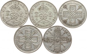 Grande-Bretagne 1 Florin & 2 Shillings 1923-1942 Lot de 5 pièces